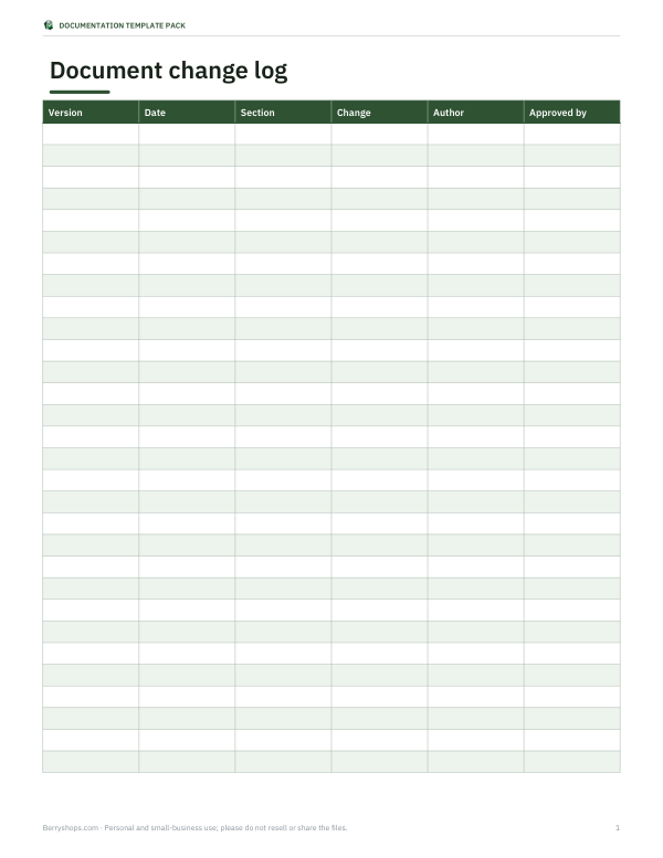 Preview of Printable Document Change Log